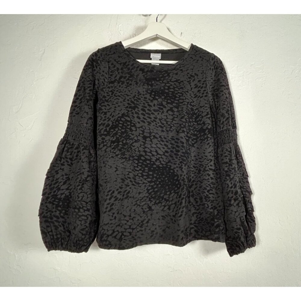 Chico's Womens Flocked Balloon Sleeve Knit Top Size 0 Black & Gray Pullover New